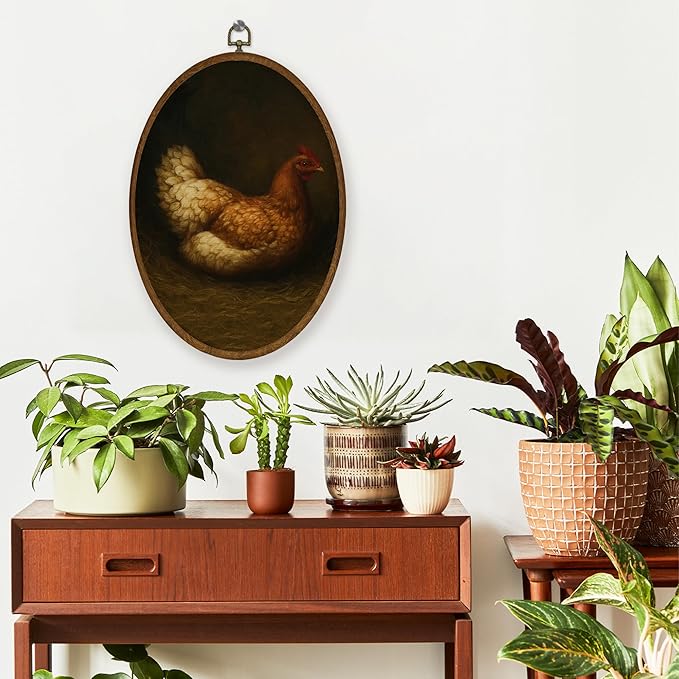 WULQYING Vintage Farmhouse Chicken Wall Art Decor, Rustic Chicken Oval Framed Canvas Art Prints, Moody Cottagecore Farm Animal Wall Hanging Decor for Home Bedroom Living Room, 8.6x11.4 Inches
