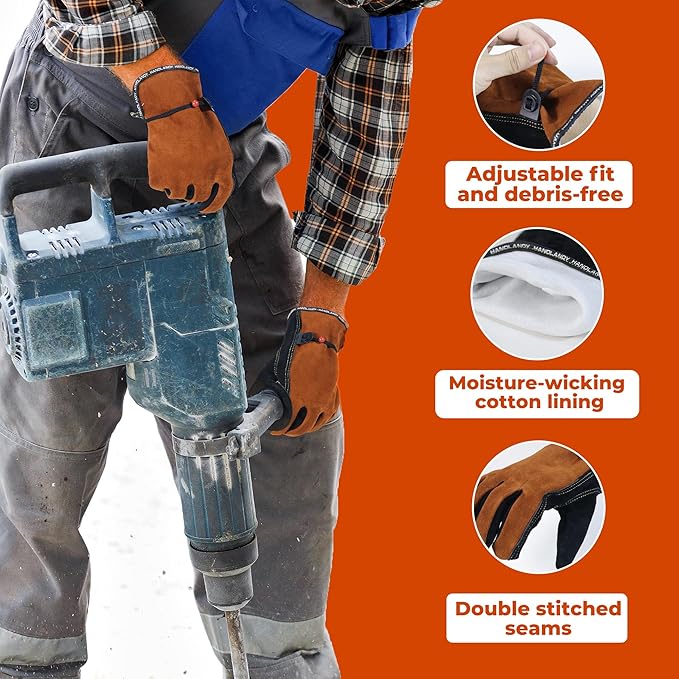 HANDLANDY Leather Work Gloves for Men and Women, Utility Tough Cowhide Glove