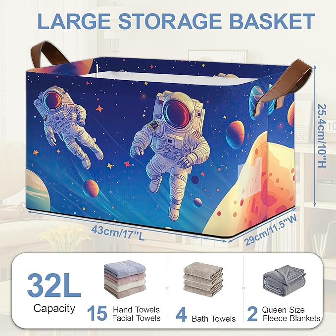 Astronaut Collapsible Storage Box,Planet Organizer Bin with Handles for Room Decoration,Bins Book Basket Box 17x11.5x10Inch