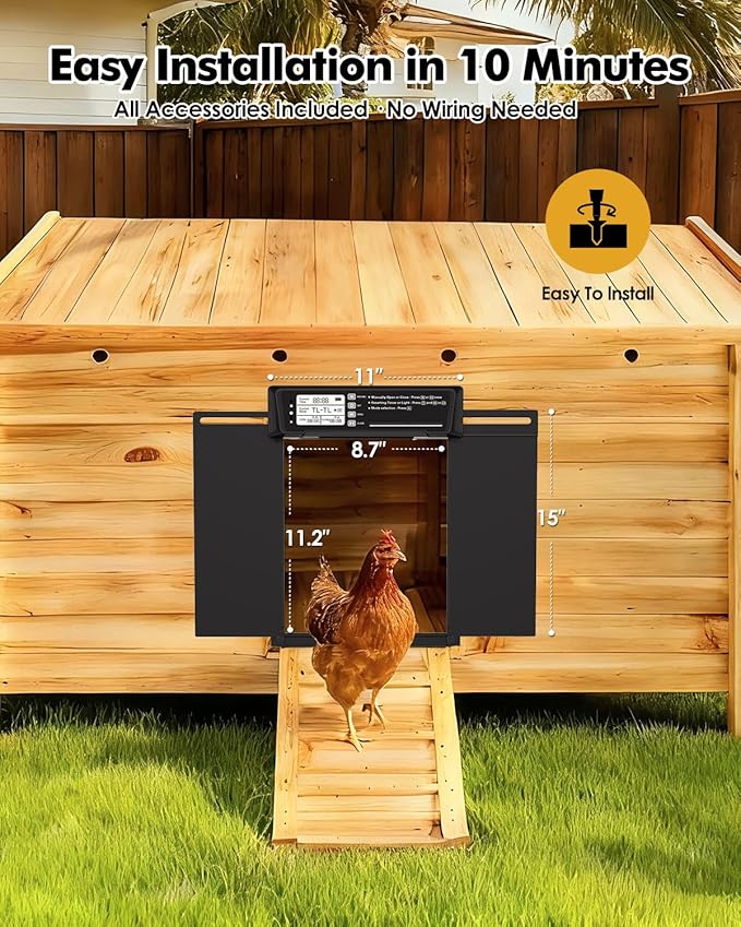 Automatic Chicken Coop Door Solar Powered,Aluminum Alloy Auto Door, Timer & Light Sensor, LCD Display, Remote Control, Anti-Pinch & Weatherproof Design, 4 Working Modes,Dual Horizontal Opening