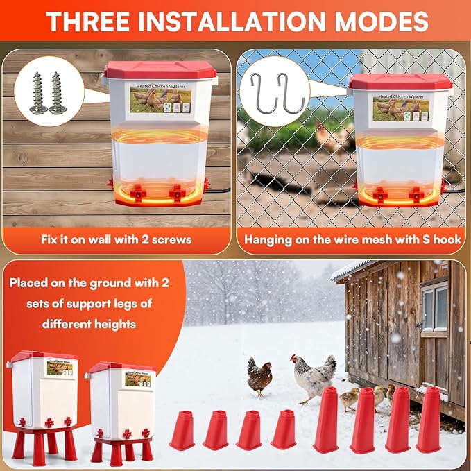 3 Gallon Heated Chicken Waterer for Winter Automatic Chicken Water Heater,Adsjustable Height Anti-Freezing Poultry Watering System with Thermostatic Control,Red,12.6 in x 8.3 inch x 8.3 in