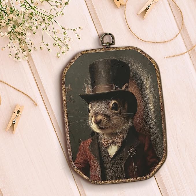 Hxlac Victorian Squirrel Rectangular Wall Art Framed, Vintage Victorian Style Animal Rectangular Wall Decor, Autumn Squirrel Hanging Canvas Prints Wall Sculptures for Farmhouse Home Room Decor, 7.1x10.2 Inch