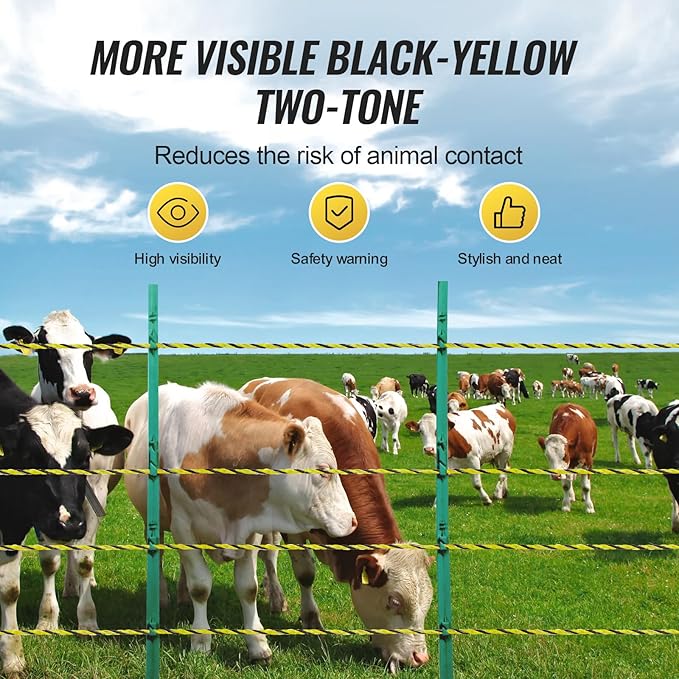 VEVOR Electric Fence Wire, 1640Ft 500M Portable Polywire, 1/8" Diameter 6 Stainless Steel Strands, Fencing Rope Line with 25 Fence Insulators and 25 T-Post Insulators, for Horse, Cattle, Livestock