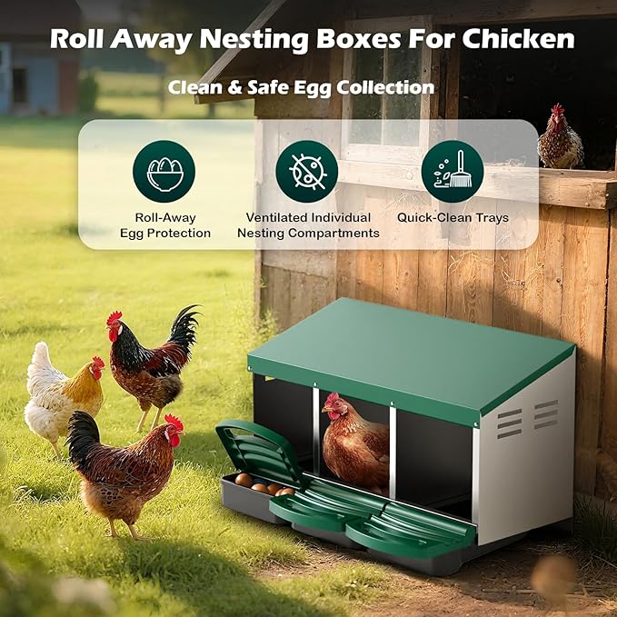 Chicken Nesting Boxes, 3 Compartments Roll Away Egg Laying Nest Box for Hens, Galvanized Steel Nesting Boxes for Chickens with Rollout Egg Drawer, Protects Eggs for Chicken Coop