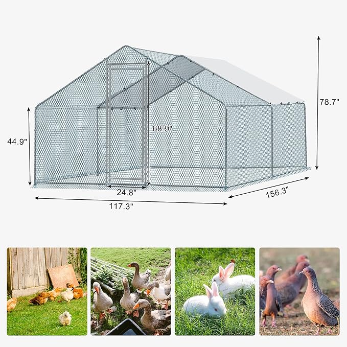 Outvita Chicken Coop, 13×10 FT Large Metal Chicken House, Poultry Habitat Cage with Waterproof Cover, Walk-in Chicken Run Pen for Small Animals, Yard, Farm, Patio
