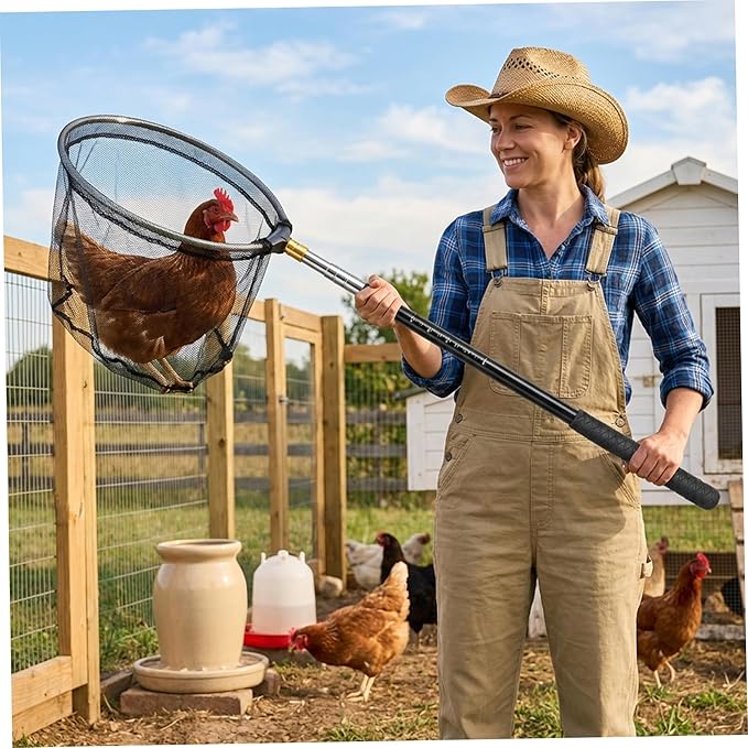 Chicken Net, Adjustable Animal Net with Handle 16-60 Inch Telescoping Steel Pole with Folding Head for Catching Birds, Poultry, and Small Animals Chicken