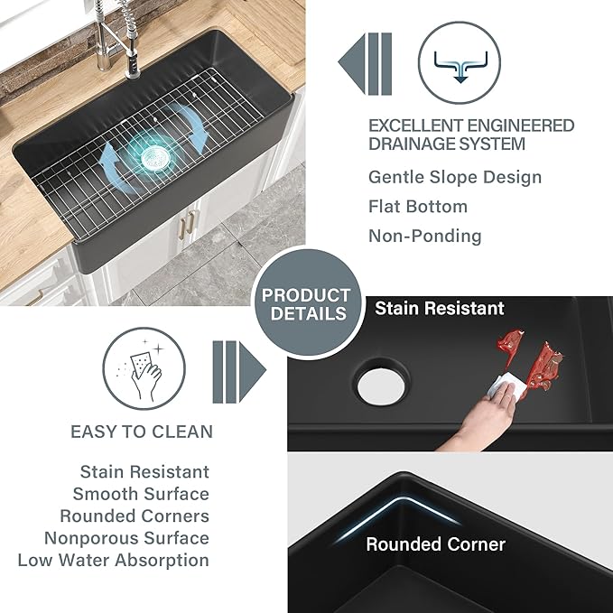 Extra Large Black Farmhouse Sink 36 x 18 Inch, MIN. Base Cabinet Size: 21"Dx39"W, Firecaly Apron Front Undermount Farm Sink Single Bowl for Kitchen, w Accessories 2 Types