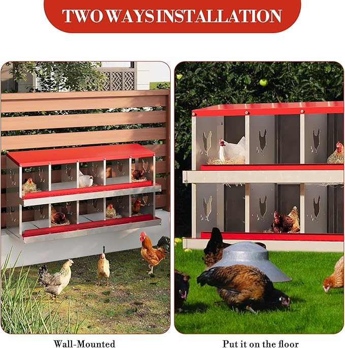 Chicken Nesting Boxes,10 Compartments Galvanized Steel Metal Laying Boxes,Pull-Out Egg Box Easy Egg Collection & Clean,Wall Mount Suitable for Farm Chicken House,Red