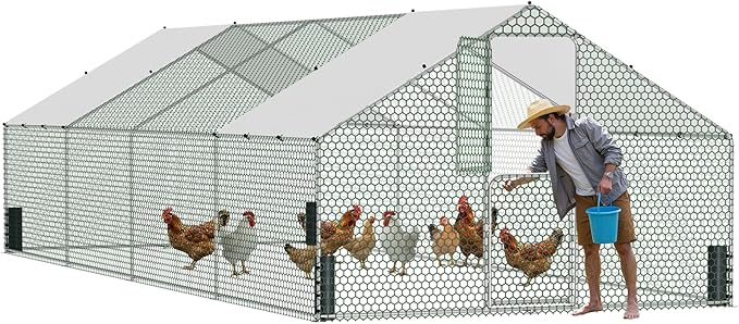 Large Metal Chicken Coop, Walk-in Chicken Run with Feeding Door, Security Lock and Cover, Outdoor Duck/Rabbit Cage Poultry Pen for Backyard, Farm, Yard (Silver - Spire Roof, 26.2 x 9.8 x 6.5 FT)