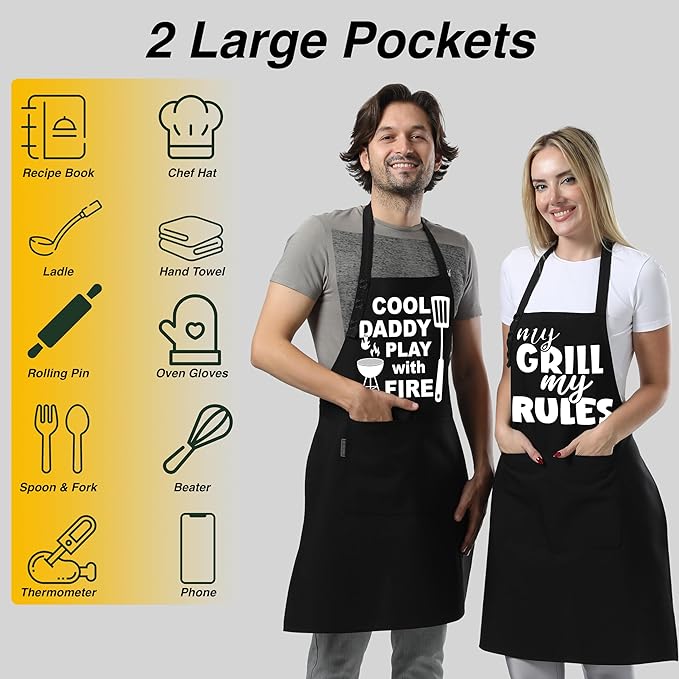 TOSHE Funny Apron Waterdrop Resistant Cotton Apron with adjustable Aprons for Women with Pockets 12 Color option Cooking (Black - Cool Daddy Play with Fire)