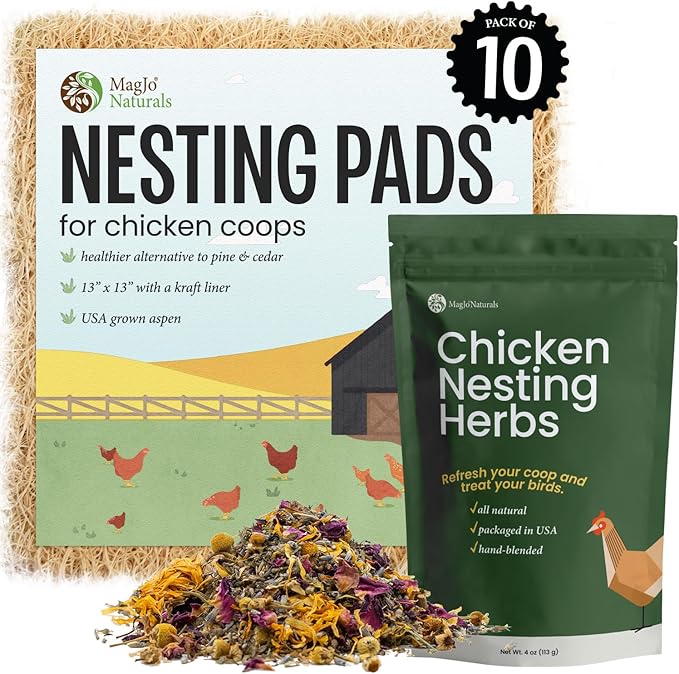 MagJo Aspen Nesting Pads for Chicken Coops - USA Grown Aspen Excelsior Nest Box Liners 13x13-10 Pack with 4 oz Nesting Herbs