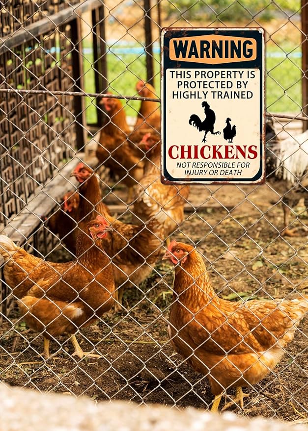 Warning This Property Is Protected By Highly Trained Chickens Metal Tin Sign Funny Farmhouse Security Warning Sign Vintage Metal Wall Decor Novelty Farmhouse Chicken Coop Decor 8x12 Inch