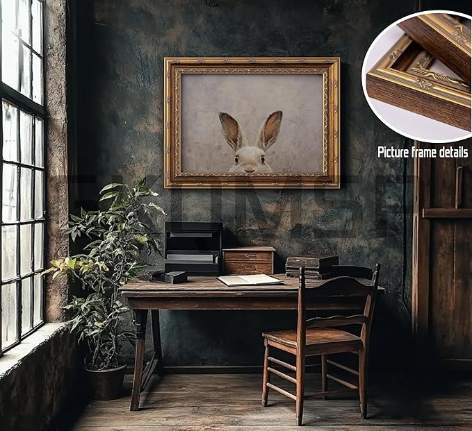 Vintage Gold Framed Wall Art Bunny canvas wall decor Easter Bunny Painting Prints Funny Rabbit Ears Picture Poster Retro Animals Artwork for Easter Decor Kids Room Home Living Bedroom 9x11in