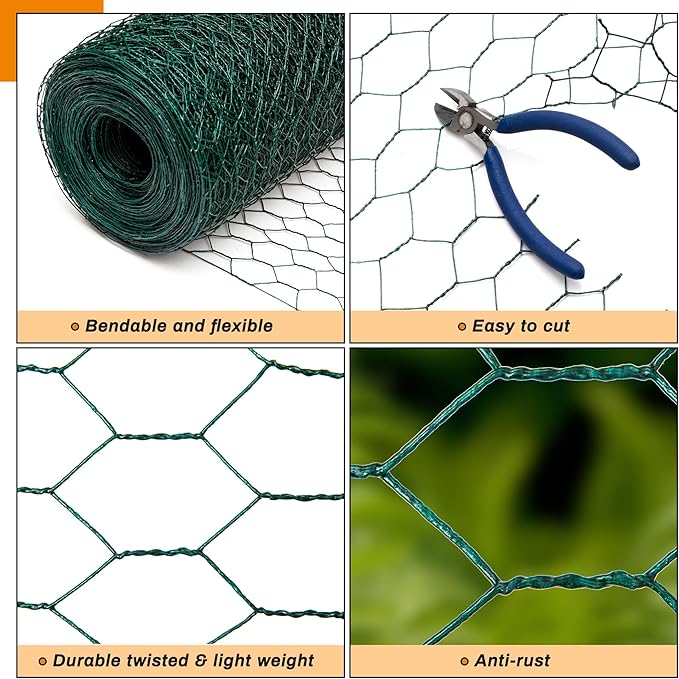Green Chicken Wire 36 inch(H) x 100 ft(L), Anti-Rust Hexagonal Galvanized Metal Garden Netting for Floral Arrangements, PVC Coated Chicken Wire Coop for Crafts Plant Protector Pet Rabbits Fencing