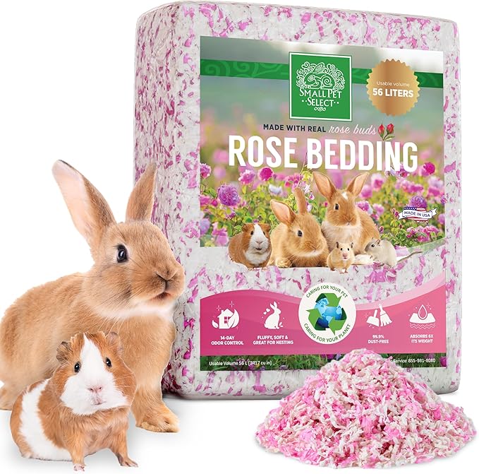 Small Pet Select Rose Bedding, Paper Bedding with Real Rose, Soft Animal Bedding with Odor Control for Guinea Pig, Rabbit, Hamster, or Bunny, Cage Accessories, Made in USA, 56L