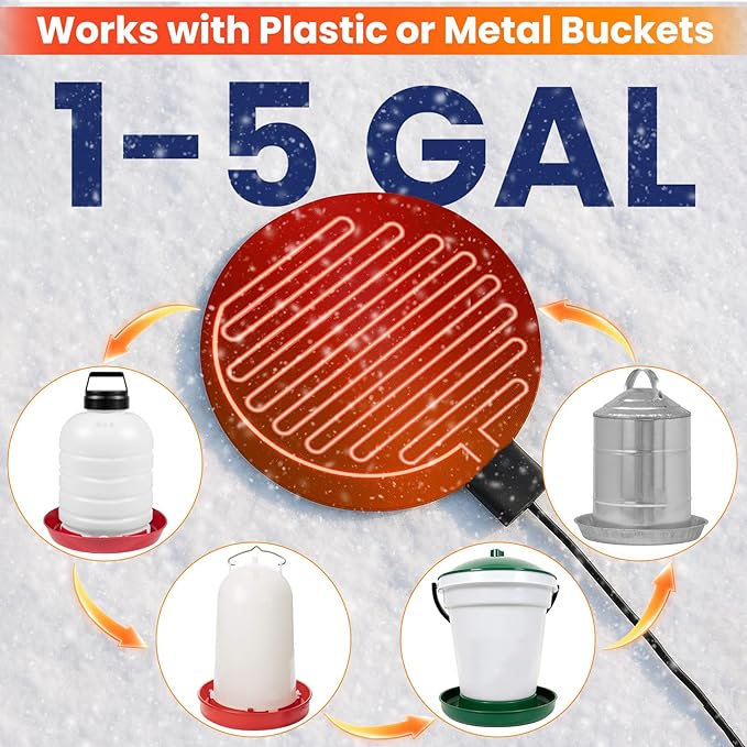 Heated Chicken Waterer, 6" Waterer with Heater 1–5 Gallon, Chicken Water Heater for Winter, Heated Base for Metal or Plastic Waterers