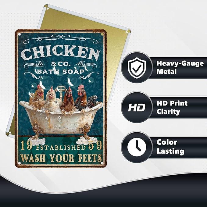 Funny Chicken Bathroom Sign Chicken Coop Metal Decor Wash Your Feets Tin Signs Vintage Wall Art For Home Restroom Washroom Cafe Indoor Kitchen Toilet Farmhouse Bar 12 * 8 In