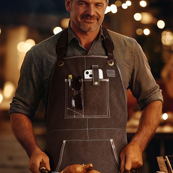 LEATHER VILLAGE Work Apron - Heavy Duty Woodworking Apron for Men with Tool Pockets for Woodworkers, Blacksmiths, Carpenters – Brown Color (Size M to XXL)