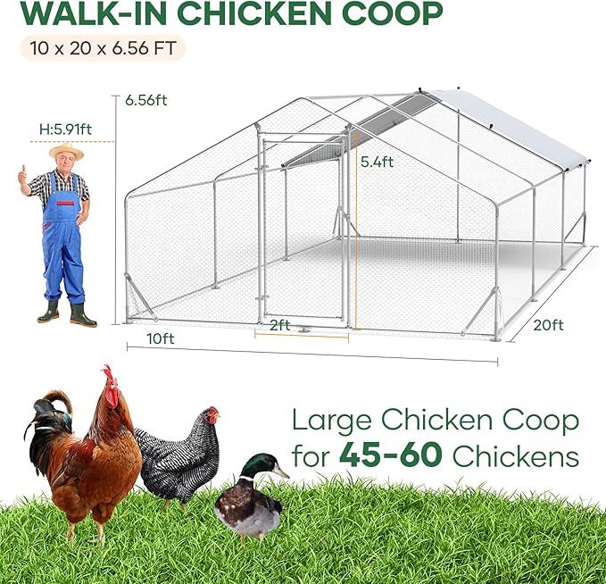Large Chicken Coop Metal Chicken Runs for Yard 20x10x6.5 ft Chicken Coop with Cover Gallinero para Gallinas Heavy Duty Chicken Cage Rabbit Duck Quail Coop Lockable Door with Waterproof Anti-UV Cover