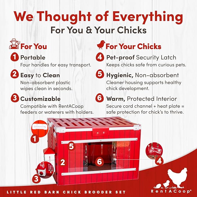 RentACoop Little Red Barn Chick Brooder Set | Durable, Lightweight, Easy-Clean, Multipurpose | with Heating Plate, Feeder, Waterer, Absorbent Hatchling Liners, Jute Liners, LED Light, Security Latch