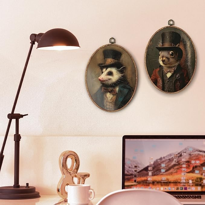 Hxlac Victorian Opossum Squirrel Oval Wall Art Framed Set of 2, Vintage Victorian Style Animal Oval Wall Decor, Autumn Squirrel Hanging Canvas Prints Wall Sculptures for Home Room Decor, 8.5x11.5 Inch