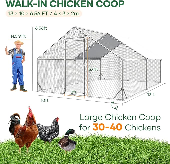 Large Chicken Coop Metal Chicken Runs for Yard 13x10x6.5 ft Chicken Coop with Cover Gallinero para Gallinas Heavy Duty Chicken Cage Rabbit Duck Quail Coop Lockable Door with Waterproof Anti-UV Cover