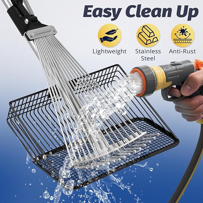 2PC Chicken Coop Scoop & Rake, 10" Heavy Duty Sifting Shovel, 62" Adjustable 3-Length Handle, 15" Manure Rake for Sand, Leaves & Animal Waste