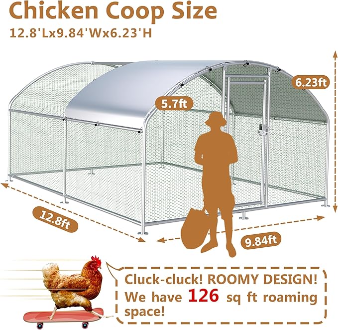 Large Metal Chicken Coop Run, 12.8x9.8x6.2 ft Chicken Runs for Yard with Cover, Walk-in Chicken Pen for 12–18 Hens, Anti-Rust Poultry Cage with Stable Wind-Resistant Dome Roof Design