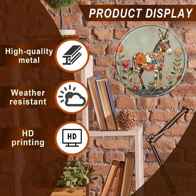 Donkey Round Metal Tin Sign Wreath Farm Flowers Rustic Vintage Wall Art Decor for Farmhouse Garden Backyard Home Cabin Decor 12x12inch