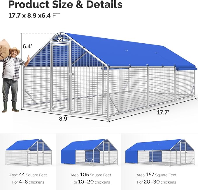 Large Metal Chicken Coop with Galvanized Hardware Cloth, Chicken Coop Run Pen for Yard with Waterproof Cover, Outdoor Large Walk-in Chicken Coops for 30 Chickens Duck Pen House Cage Run