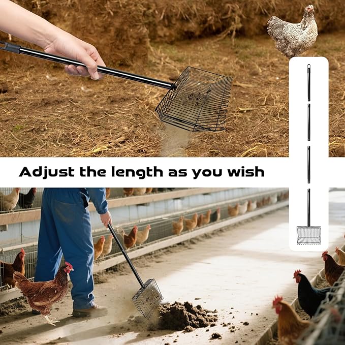 Chicken Poop Scooper & Rake 2-in-1, Stainless Steel Scooper with Adjustable Handle, Litter Scooper Sand Sifting Shovel for Chicken Poop & Pet Waste Cleaning
