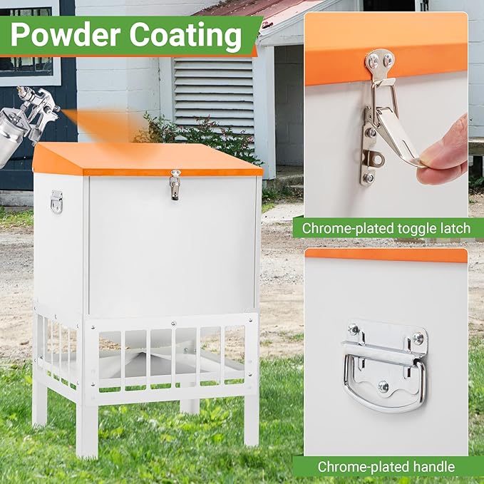 Chicken Feeder with Grille, 85LBS No Waste Chicken Feeder with 22 Ports, Powder-Coated Steel Feeder w/Waterproof Lid and Stainless Handles, 18”L x 15.1”W x 29.5”H