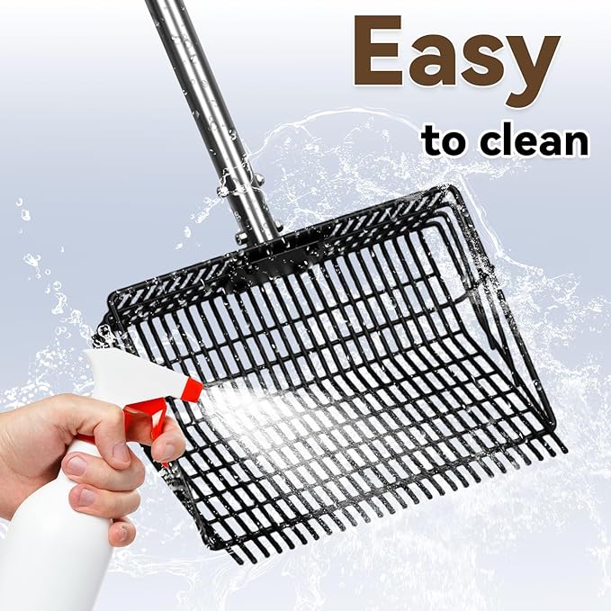 2 Rake Heads Chicken Coop Scoop 2 in 1 Metal Grid Chicken Poop Scooper 37.4 to 68.9 Inch Adjustable Stainless Steel Handle with Ergonomic Grip Farm and Poultry Litter Scoop with Gloves