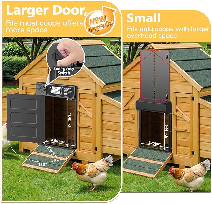 Large Size Automatic Chicken Coop Door Solar - Powered Auto Chicken Door Opener, Automatic Chicken Door with Timer/Light Sensor Modes, Intelligent Obstacle Sensors, Remote Control, 14.76"H x 11.02"L