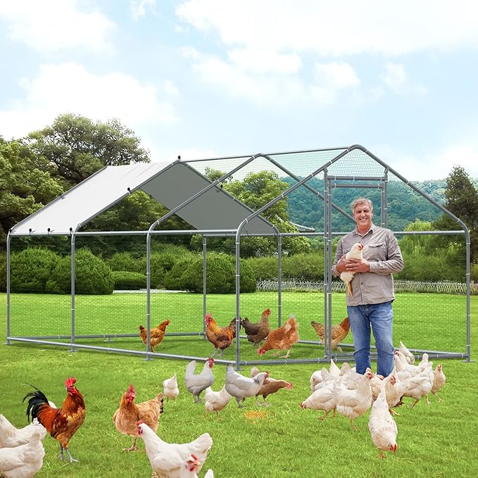 VIVIJASON Outdoor Metal Chicken Coop Large Walk-in Poultry Cage Hen Run House Rabbits Habitat Cages Spire Shaped Coop with Waterproof and Anti-UV Cover for Yard Farm (19.68' L x 9.84' W x 6.56' H)