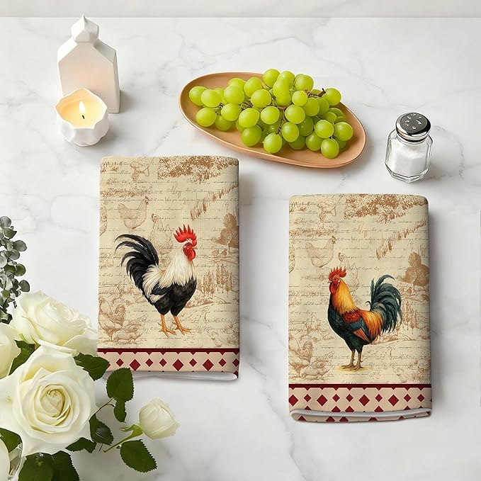 Chicken & Rooster Kitchen Towels Retro Farmhouse Dish Towels Set of 4, Absorbent Vintage Rustic Hand & Tea Towel, Rooster Kitchen Decor, Chicken Gifts for Women