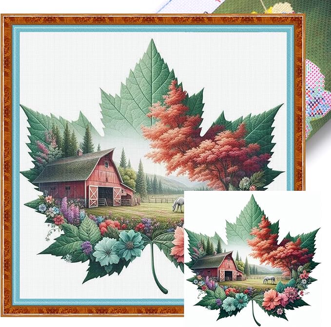 Maple Leaf Farm Stamped Cross Stitch Kits for Adults Beginners - 45x45cm 11CT Pre-Printed Embroidery Needlepoint Starter Kit, DIY Craft Perfect for Fall Decor Thanksgiving Christmas Gift