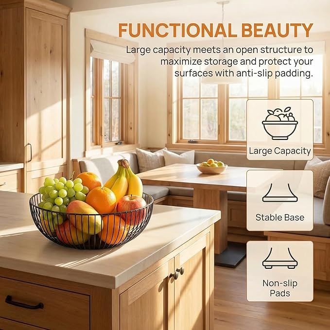 Yesland 2 Pack Metal Wire Fruit Basket- 11 Inches Black Kitchen Countertop Fruit Bowl Vegetable Holder for Bread, Snacks, Households Items Storage for Kitchen, Livingroom