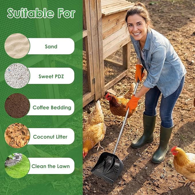 Heavy-Duty Yet Lightweight Chicken Poop Scooper & Rake 2-in-1, Adjustable Handle Length from 38" to 66", Features Manure Sifting Capability – Ideal for Chicken Coops and Farm Animal Cleaning (Black)