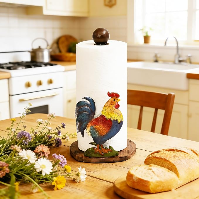 Rooster Paper Towel Holder Rooster Kitchen Decor Chicken Decor for Kitchen Roosters Farmhouse Paper Towel Holder Countertop Rustic Wood Base Paper Towel Stand