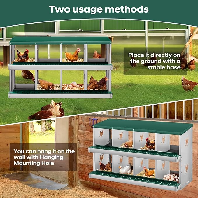 Nesting Boxes for Chickens, 8 Compartments, Nesting Boxes with 4 Dummy Eggs and 10 Dampproof Pets Mats, Green, Stainless Steel, Wall-Mountable & Roll Away Design
