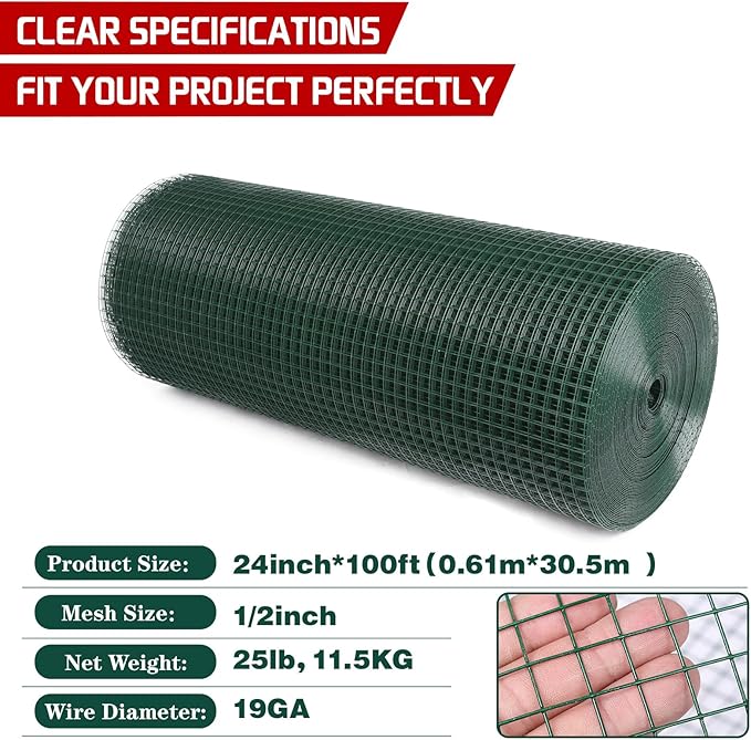 Hardware Cloth 1/2inx24x100ft,Chicken Wire Fencing,Welded Wire Mesh, Vinyl PVC Coated Mesh,Coop Garden Plant for Rabbit,Snake,Rodent,Foxes,Raccoons Poultry Netting Cage Farm Protection