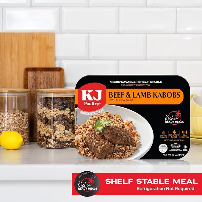 KJ Poultry Kosher Ready Meals - Beef Lamb Kabob & Quinoa, MRE Meat Meals Ready to Eat (12 Pack) Prepared Entree Fully Cooked, Shelf Stable Microwave Dinner Travel, Military, Camping Emergency Survival