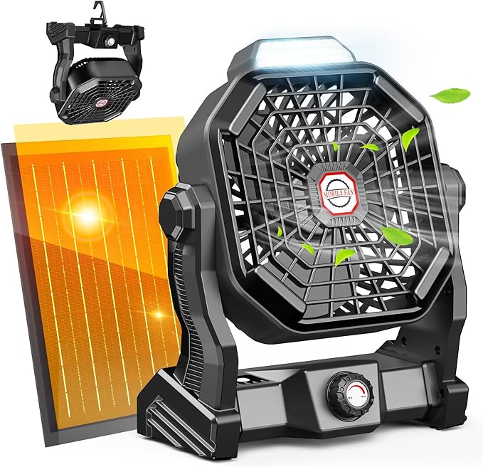 Drchop 30000mAh Solar Camping Fan, 10W Solar Powered Fans with Solar Panel, Rechargeable Fan & Led Lantern, Battery Operated Powered Outdoor Tent Fans for Camping Summer Essentials (Black)