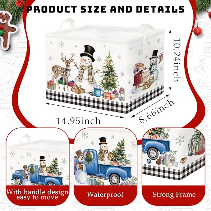 CHENGU 6 Pack Winter Storage Basket Collapsible Winter Basket for Gifts Buffalo Plaid Holiday Decor Large Snowman Bin Foldable Tree Box with Handle for Bedroom Office Home