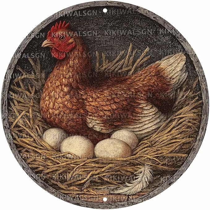 Vintage Chicken Hen Rooster Round Metal Sign Retro Chicken Lovers Tin Sign Nostalgic Rustic Wall Decor Kitchen Yard Fence Door Outside Farmhouse Coop Poultry House 8 * 8 In