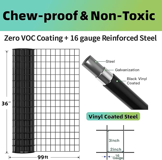 (36 in x 99 ft) Garden PVC Welded Wire Fence, Mesh Size 2 in x 3 in, 16-Gauge Welded Wire Fence, Poultry Protection Animal Fence, Includes Gloves and Pliers