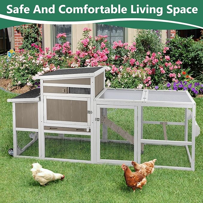 79"L Large Chicken Coop with Run, Mobile Hen Chicken House with Wheels, Nesting Boxes, UV-Resistant Roof, Indoor Outdoor Rabbit Hutch Poultry Cage for Chickens Duck Bunny with Removable Tray and Ramp
