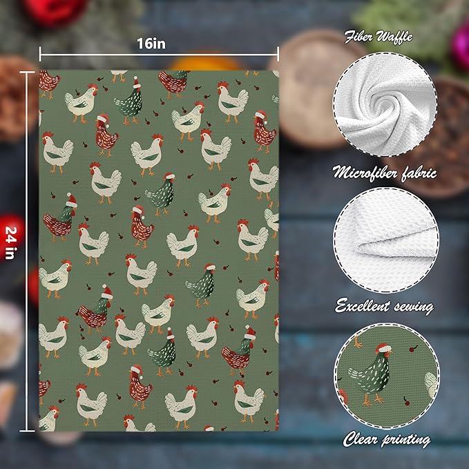 Funny Green Christmas Chicken Kitchen Towels,Chicken Gifts Farm Christmas Decorations Hand Towels for Bathroom,16x24 Inch