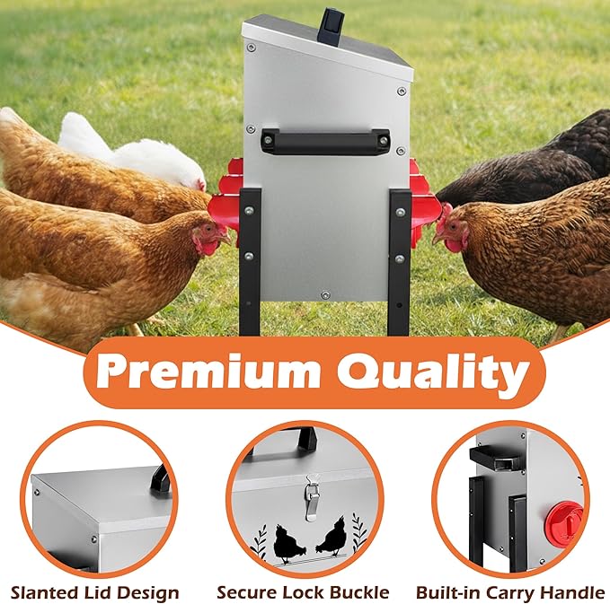 Large Capacity Automatic Chicken Feeder, 6 Port Chicken Feeder, 28LB Metal Chicken Feeders with Locking Lid & Adjustable Legs, No Waste Chicken Feeder, Silver